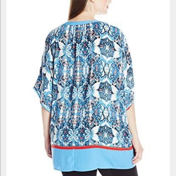 (Size 1X, 2X) Rafaella Blue Printed Slit Neck Top - Picture 2 of 10
